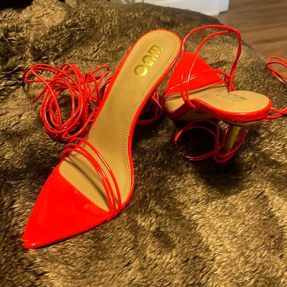 SOLD - EGO Red Strappy Gold Stiletto Heels